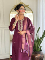 Thumbnail for The52 Wine Women's Gorgeous Rayon Fabric Embroidered Work Straight Kurta Pant and Dupatta Set - Distacart