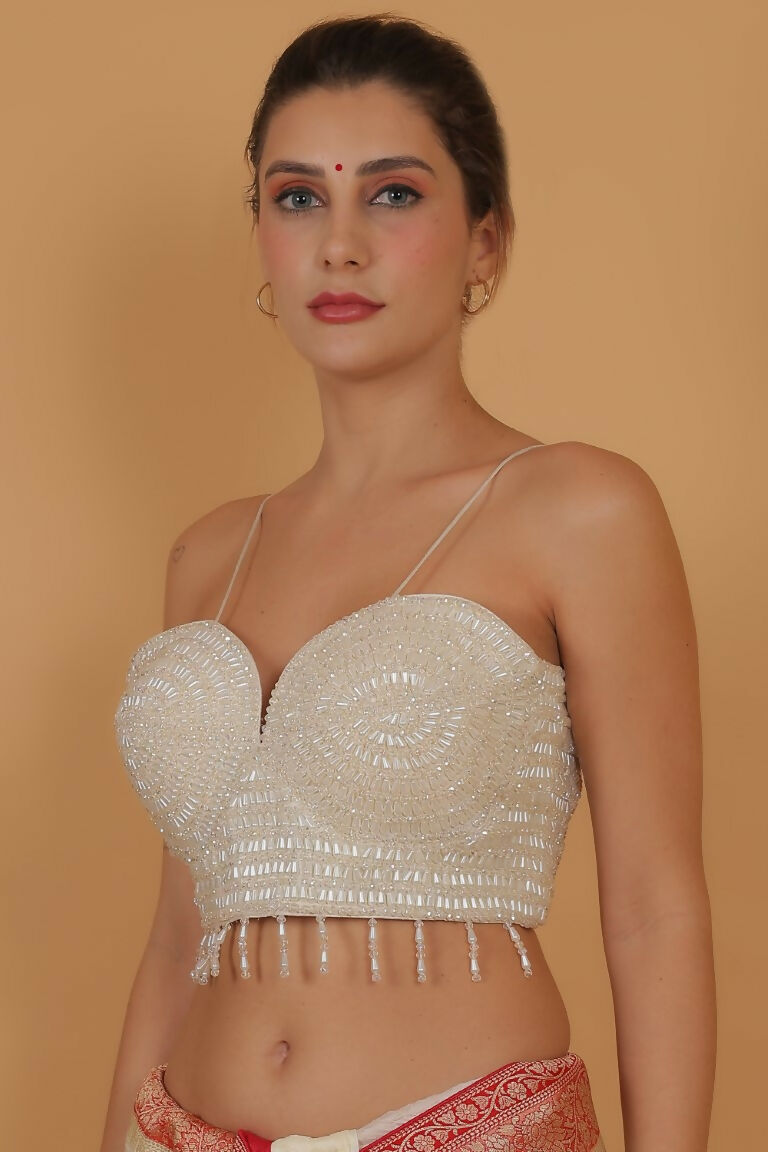 Joban Fashion Silk Pearl And Beads Hand Embroidery Padded Blouse - Pearl White