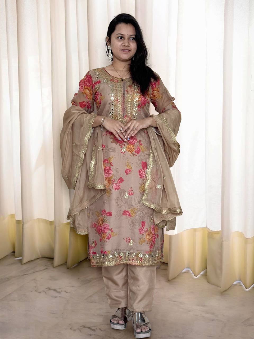 Prazu Fashion Beige Organza Embroidery Coding Sequin Salwar Suit
