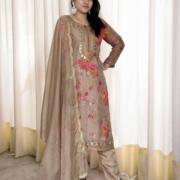 Prazu Fashion Beige Organza Embroidery Coding Sequin Salwar Suit - Distacart