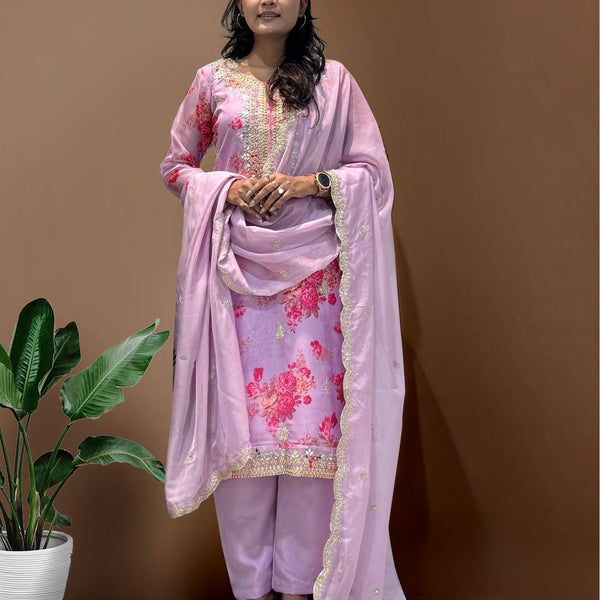 Prazu Fashion Lavender Organza Embroidery Coding Sequin Salwar Suit