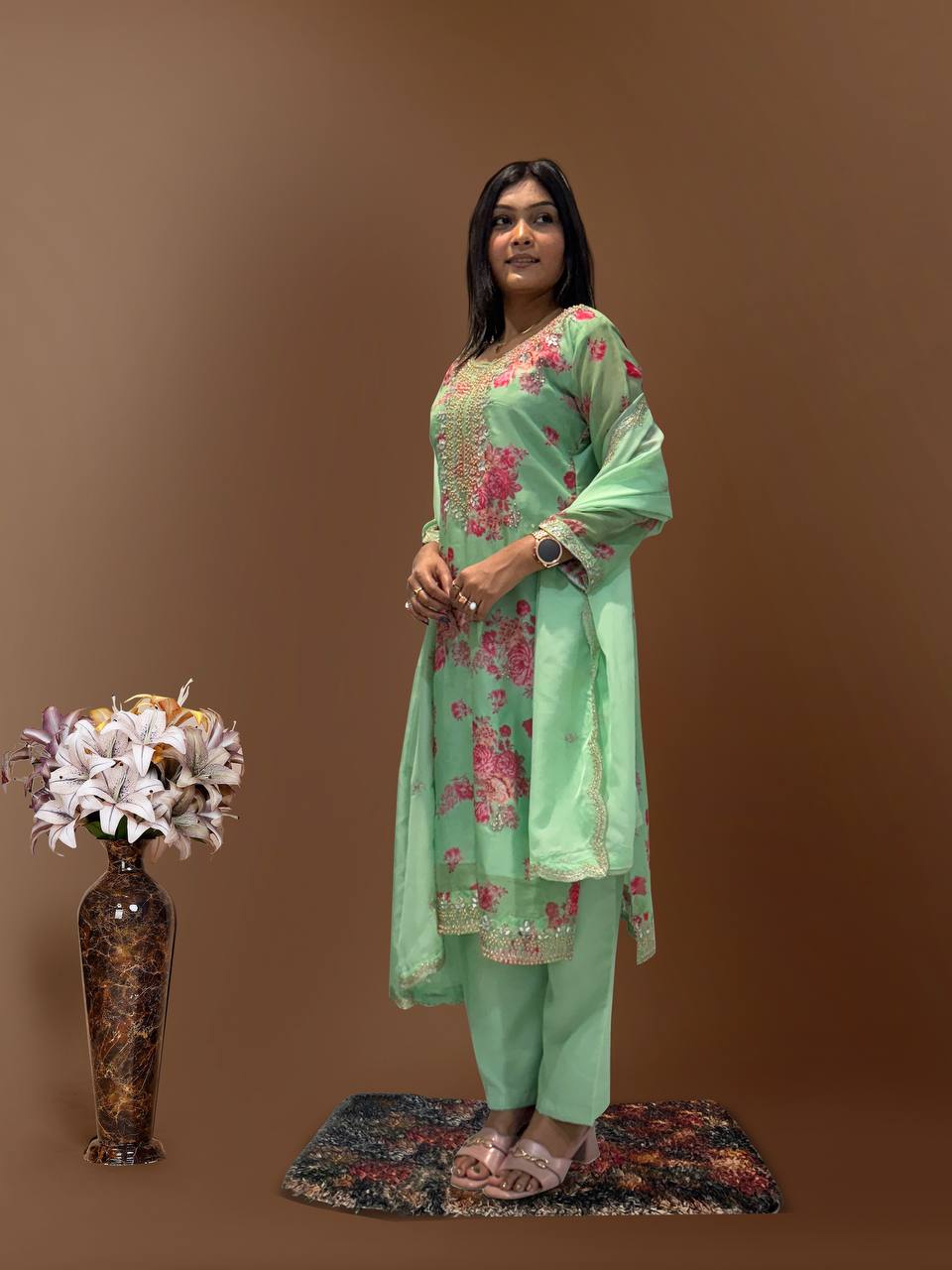 Prazu Fashion Light Green Organza Embroidery Coding Sequin Salwar Suit
