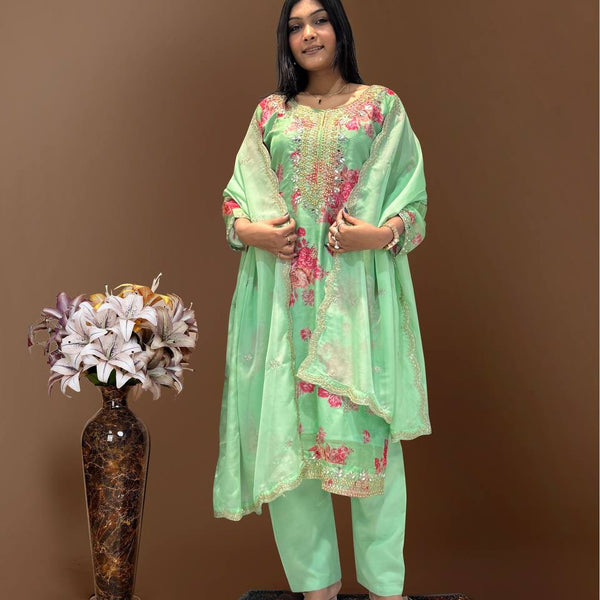 Prazu Fashion Light Green Organza Embroidery Coding Sequin Salwar Suit