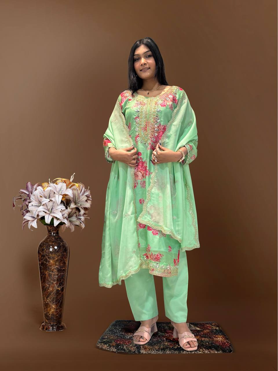 Prazu Fashion Light Green Organza Embroidery Coding Sequin Salwar Suit - Dista