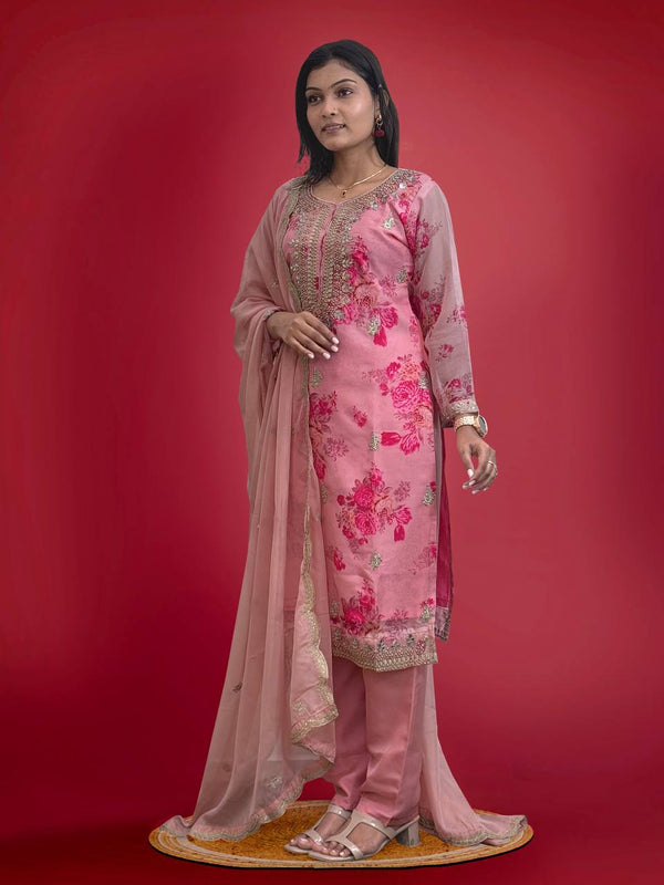 Prazu Fashion Peach Organza Embroidery Coding Sequin Salwar Suit