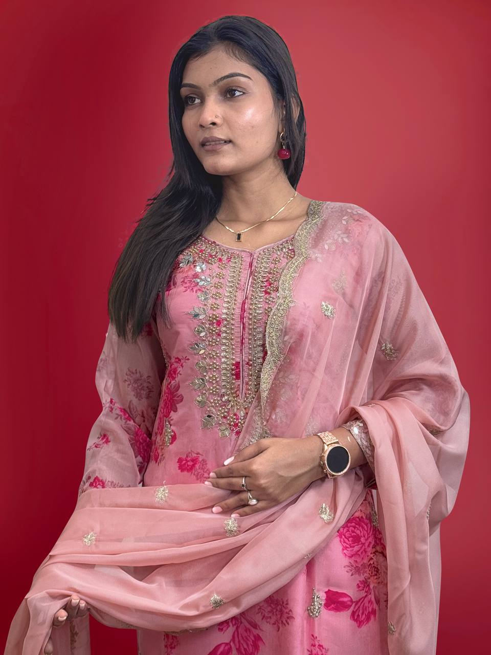 Prazu Fashion Peach Organza Embroidery Coding Sequin Salwar Suit