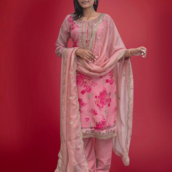 Prazu Fashion Peach Organza Embroidery Coding Sequin Salwar Suit