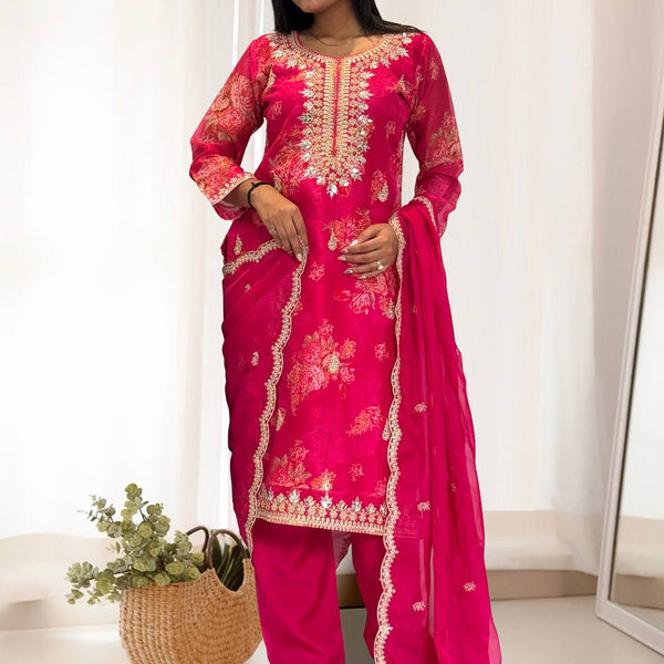 Prazu Fashion Pink Organza Embroidery Coding Sequin Salwar Suit