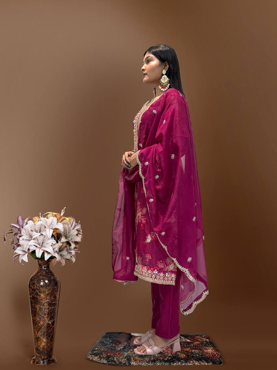 Prazu Fashion Rani Pink Organza Embroidery Coding Sequin Salwar Suit