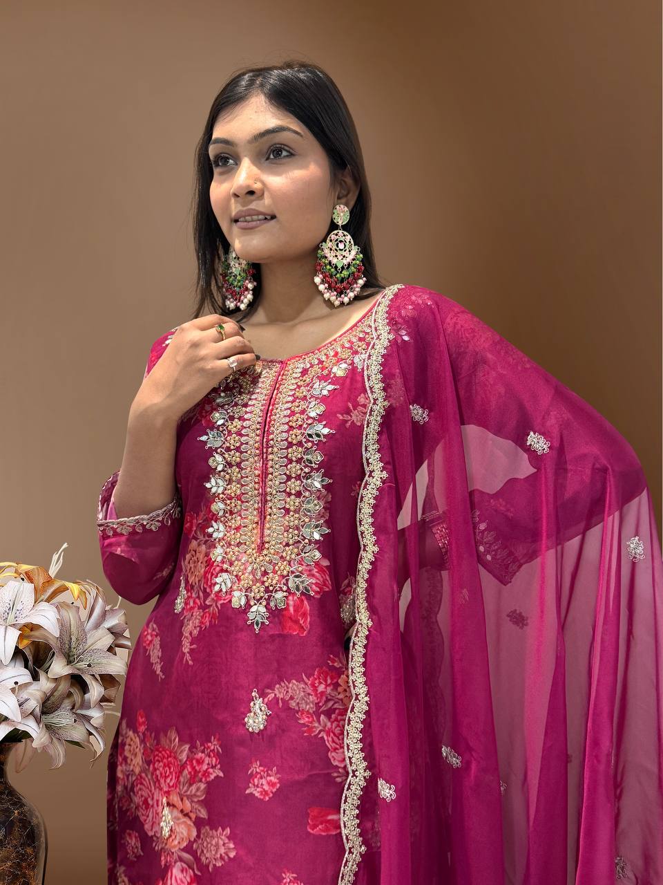 Prazu Fashion Rani Pink Organza Embroidery Coding Sequin Salwar Suit