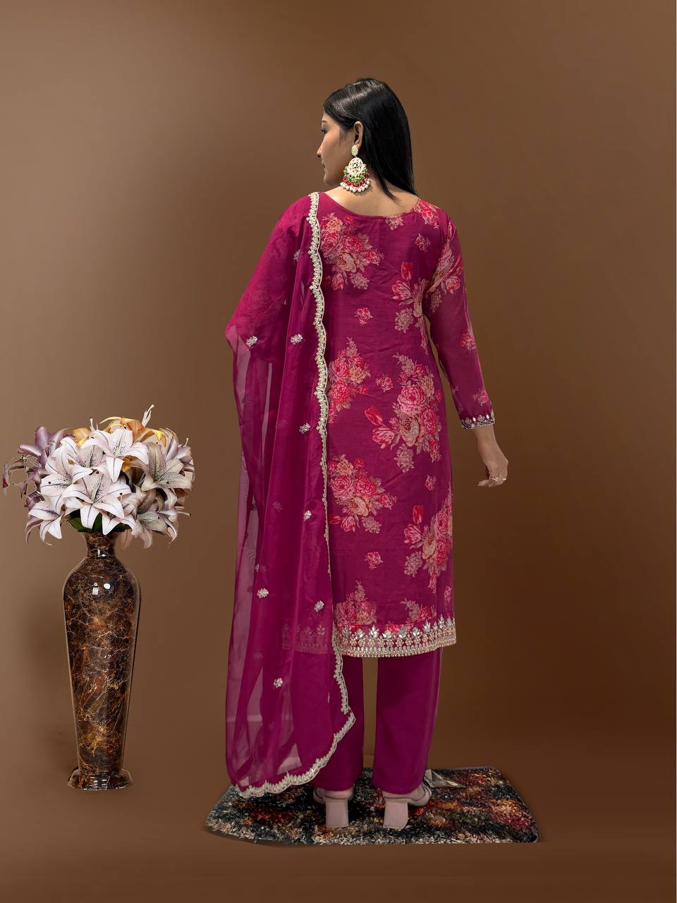 Prazu Fashion Rani Pink Organza Embroidery Coding Sequin Salwar Suit
