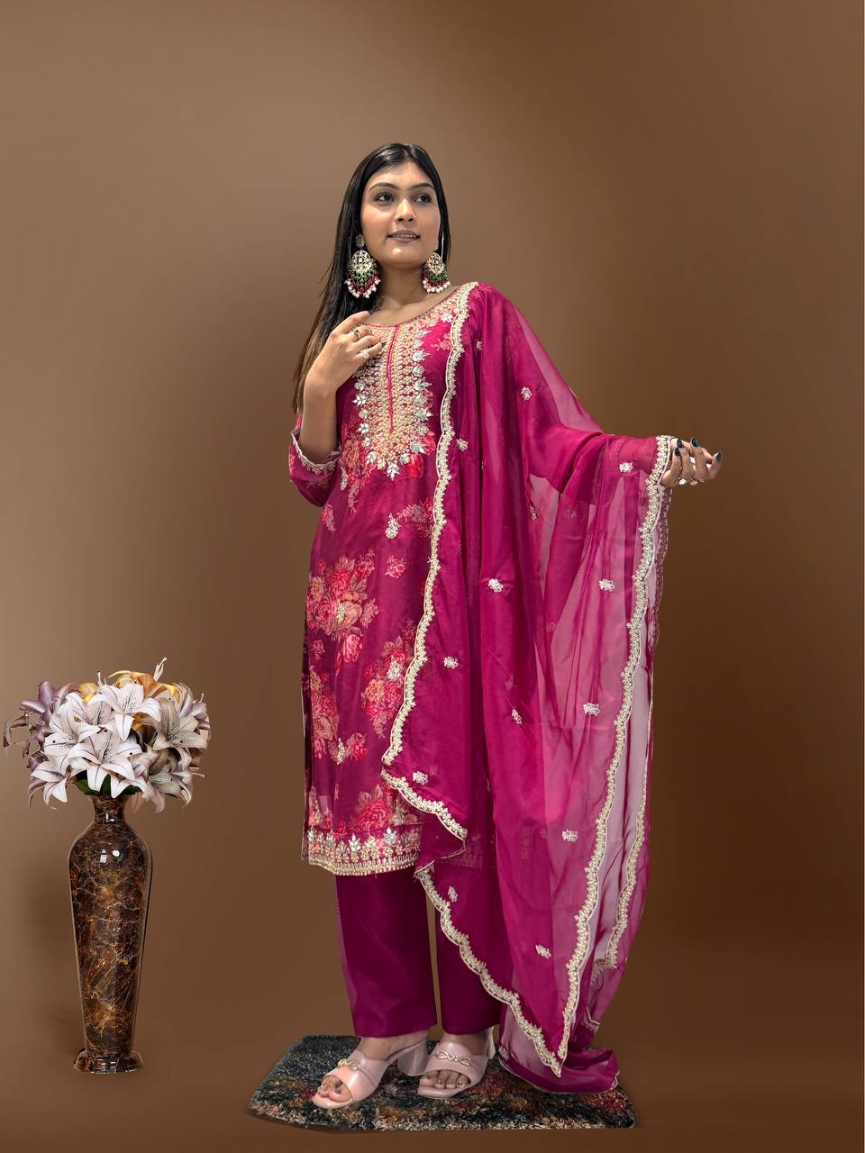 Prazu Fashion Rani Pink Organza Embroidery Coding Sequin Salwar Suit