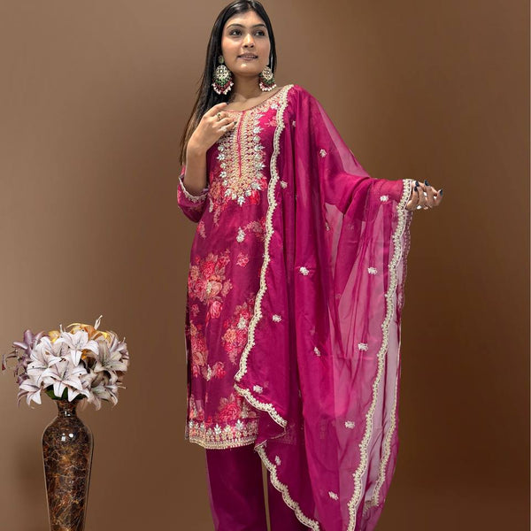 Prazu Fashion Rani Pink Organza Embroidery Coding Sequin Salwar Suit - Distacart