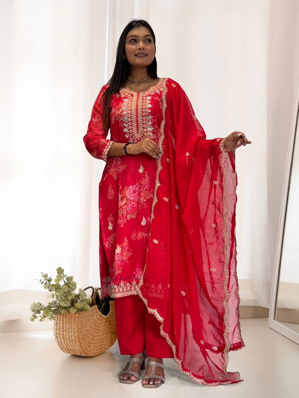 Prazu Fashion Red Organza Embroidery Coding Sequin Salwar Suit