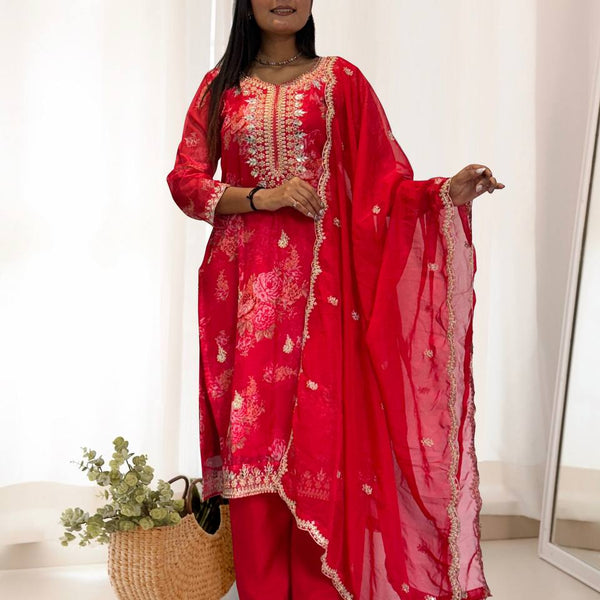 Prazu Fashion Red Organza Embroidery Coding Sequin Salwar Suit