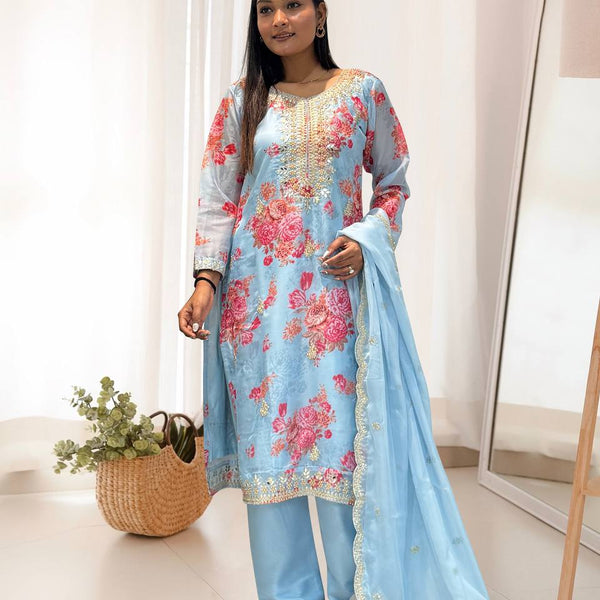 Prazu Fashion Sky Blue Organza Embroidery Coding Sequin Salwar Suit