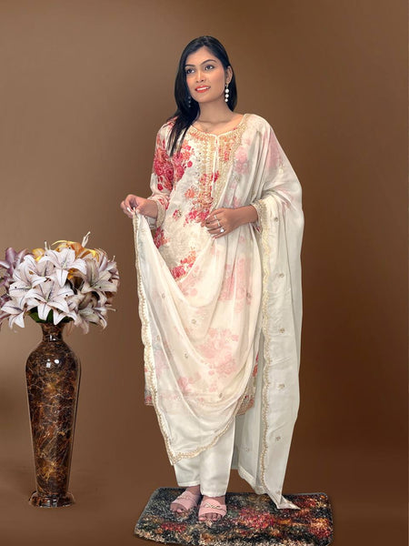 Prazu Fashion White Organza Embroidery Coding Sequin Salwar Suit