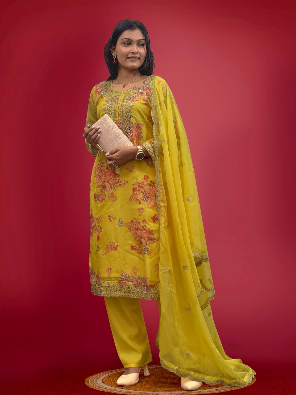 Prazu Fashion Yellow Organza Embroidery Coding Sequin Salwar Suit