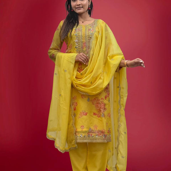 Prazu Fashion Yellow Organza Embroidery Coding Sequin Salwar Suit