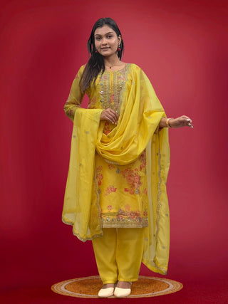 Prazu Fashion Yellow Organza Embroidery Coding Sequin Salwar Suit