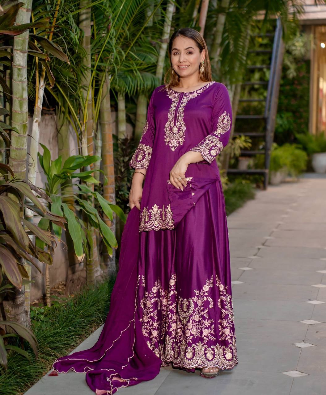 Prazu Fashion Purple French Crepe Thread Embroidered Palazzo Suit