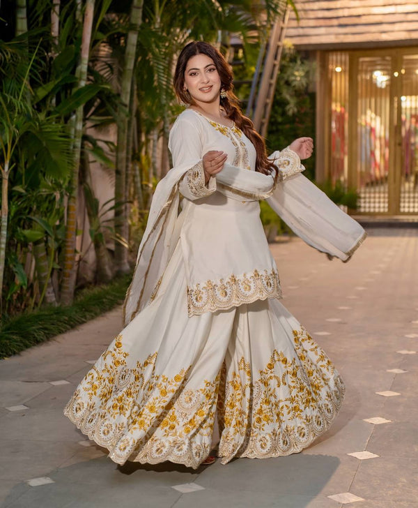 Prazu Fashion White French Crepe Thread Embroidered Palazzo Suit