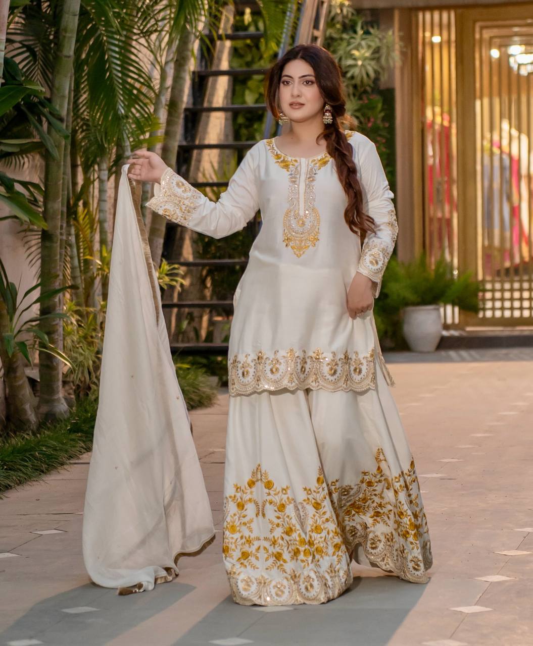Prazu Fashion White French Crepe Thread Embroidered Palazzo Suit
