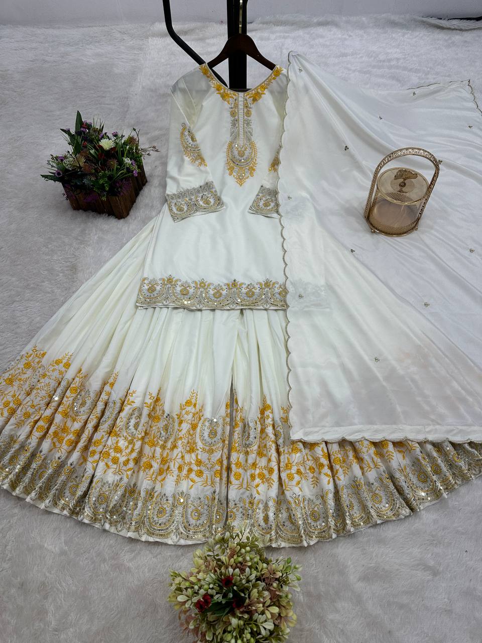 Prazu Fashion White French Crepe Thread Embroidered Palazzo Suit