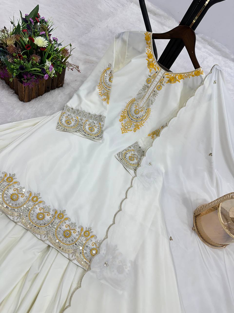 Prazu Fashion White French Crepe Thread Embroidered Palazzo Suit