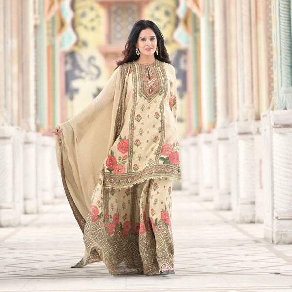 Prazu Fashion Cream Chinon Silk Digital Print Sharara Suit