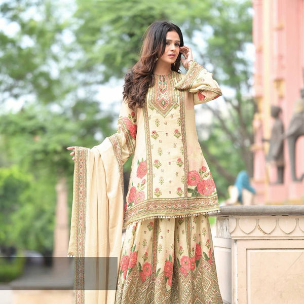 Prazu Fashion Cream Chinon Silk Digital Print Sharara Suit
