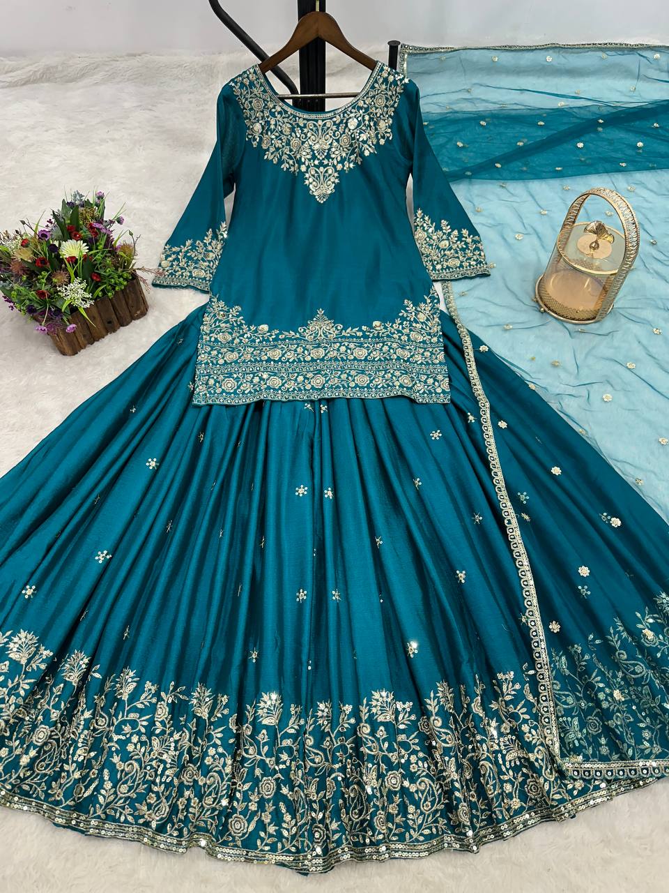 Prazu Fashion Rama Chinon Silk Embroidered Lehenga Style Suit