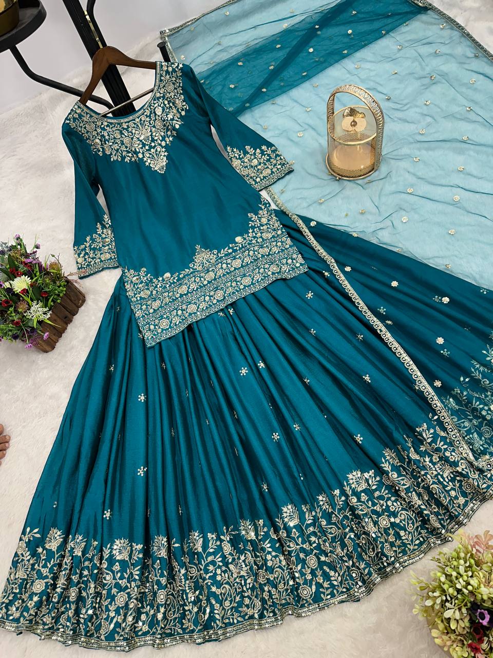 Prazu Fashion Rama Chinon Silk Embroidered Lehenga Style Suit