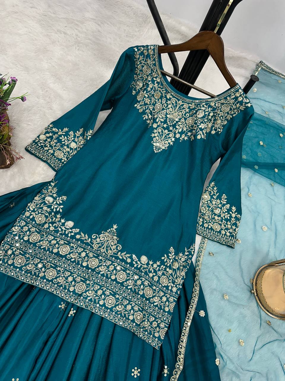 Prazu Fashion Rama Chinon Silk Embroidered Lehenga Style Suit