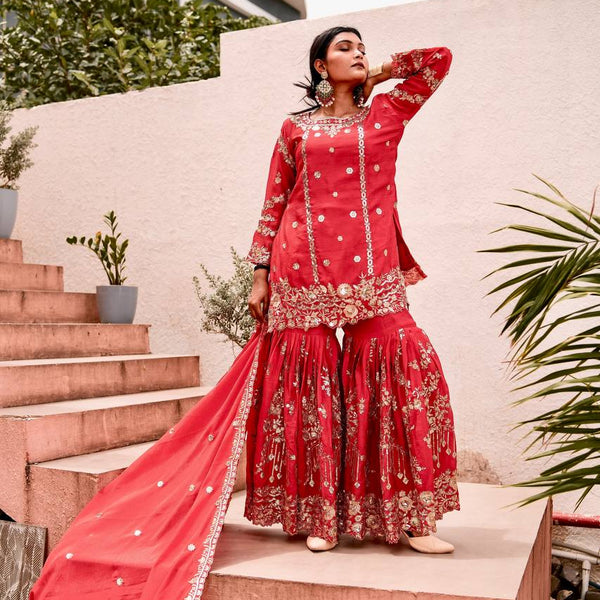 Prazu Fashion Rama Chinon Silk Embroidered Sharara Style Suit