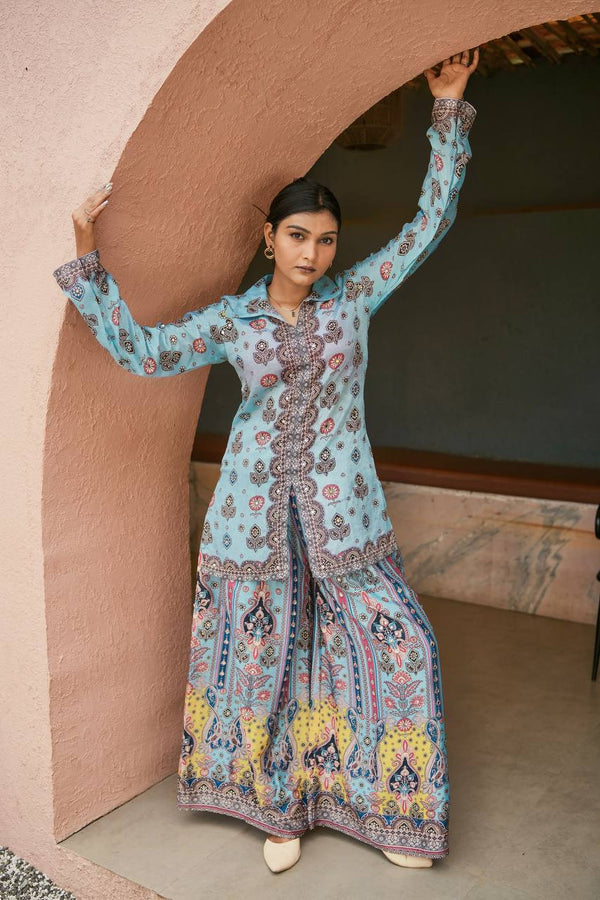 Prazu Fashion Sky Blue Chinon Silk Digital Printed Palazzo Suit