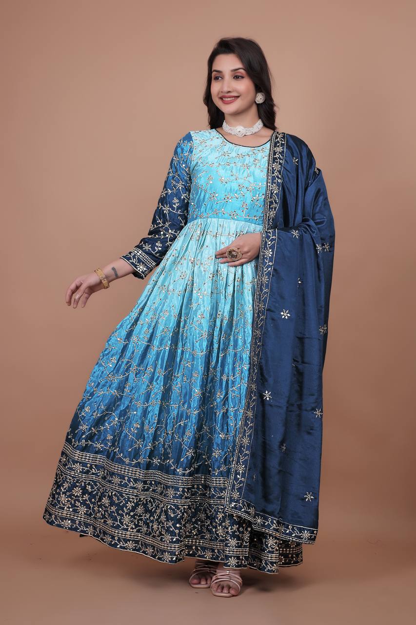 Prazu Fashion Sky Blue Chinon Silk Embroidered Anarkali Suit