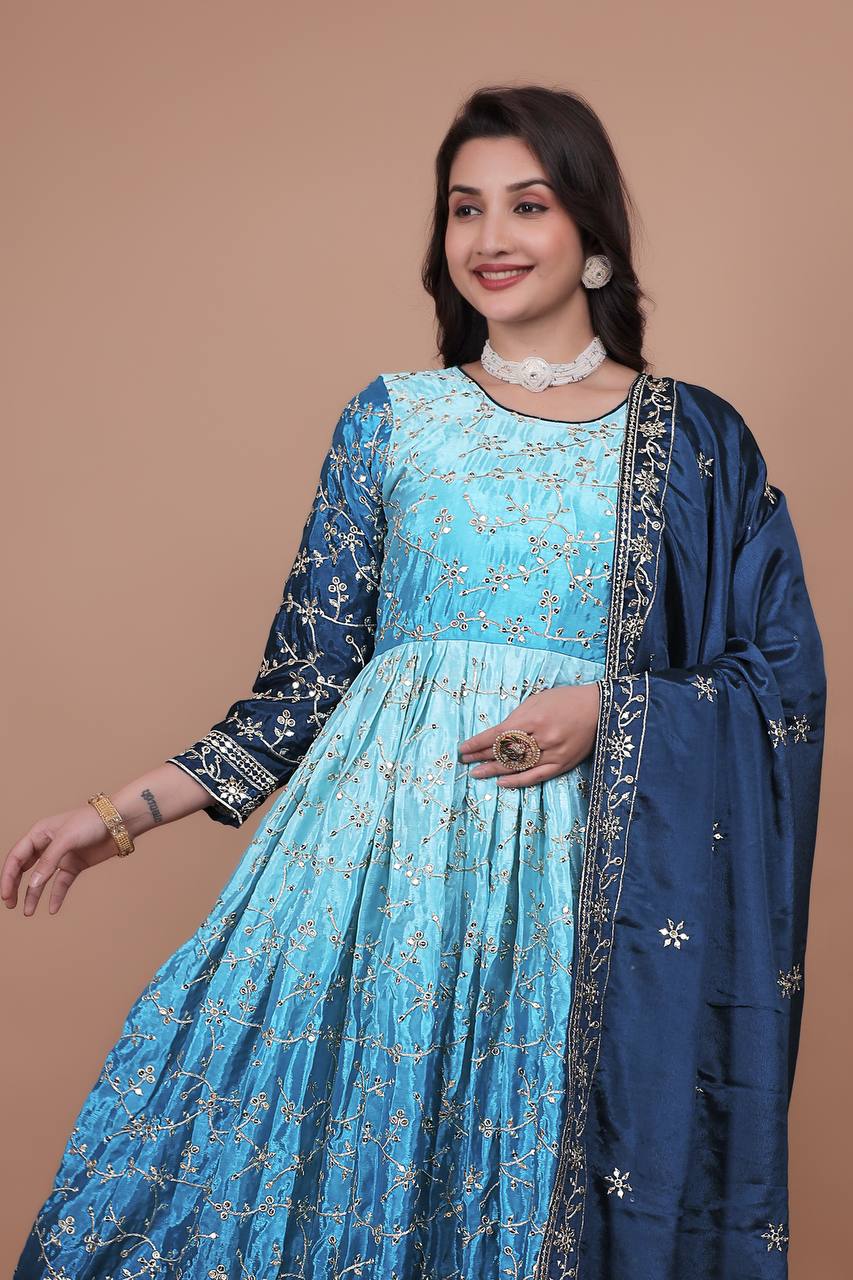 Prazu Fashion Sky Blue Chinon Silk Embroidered Anarkali Suit