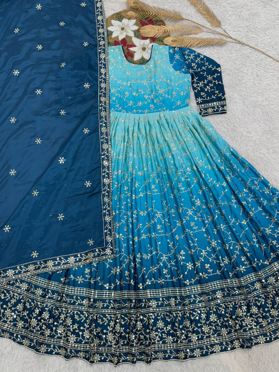 Prazu Fashion Sky Blue Chinon Silk Embroidered Anarkali Suit