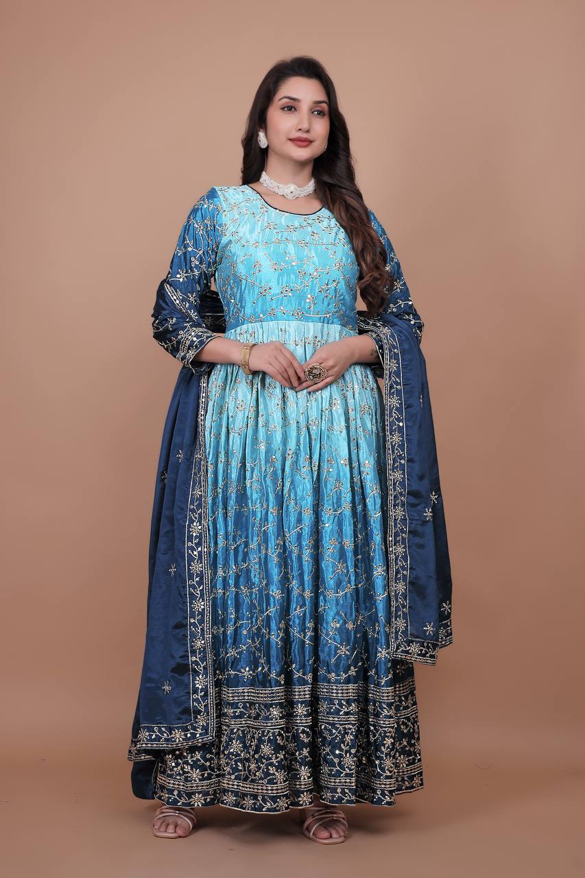 Prazu Fashion Sky Blue Chinon Silk Embroidered Anarkali Suit