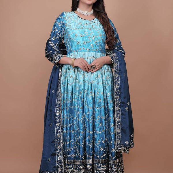 Prazu Fashion Sky Blue Chinon Silk Embroidered Anarkali Suit