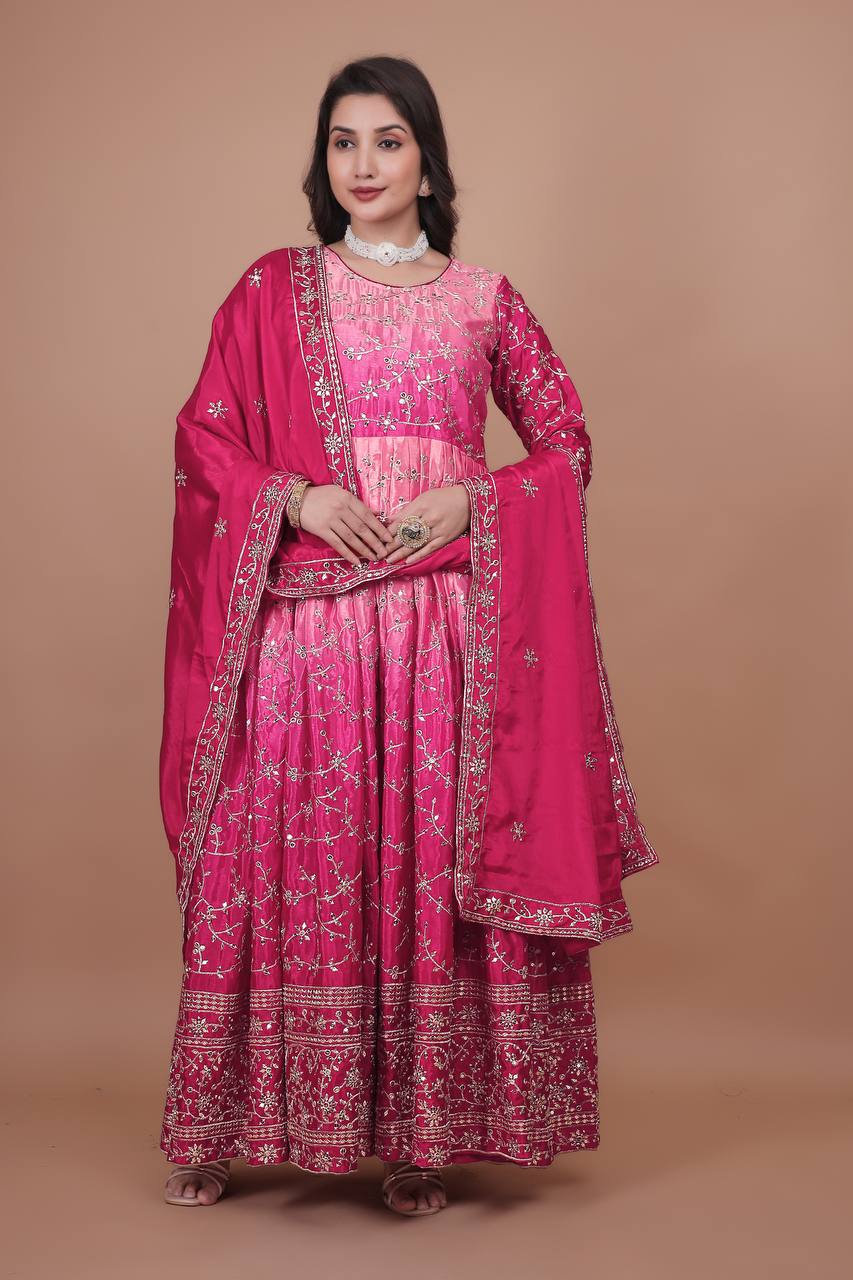 Prazu Fashion Pink Chinon Silk Embroidered Anarkali Suit
