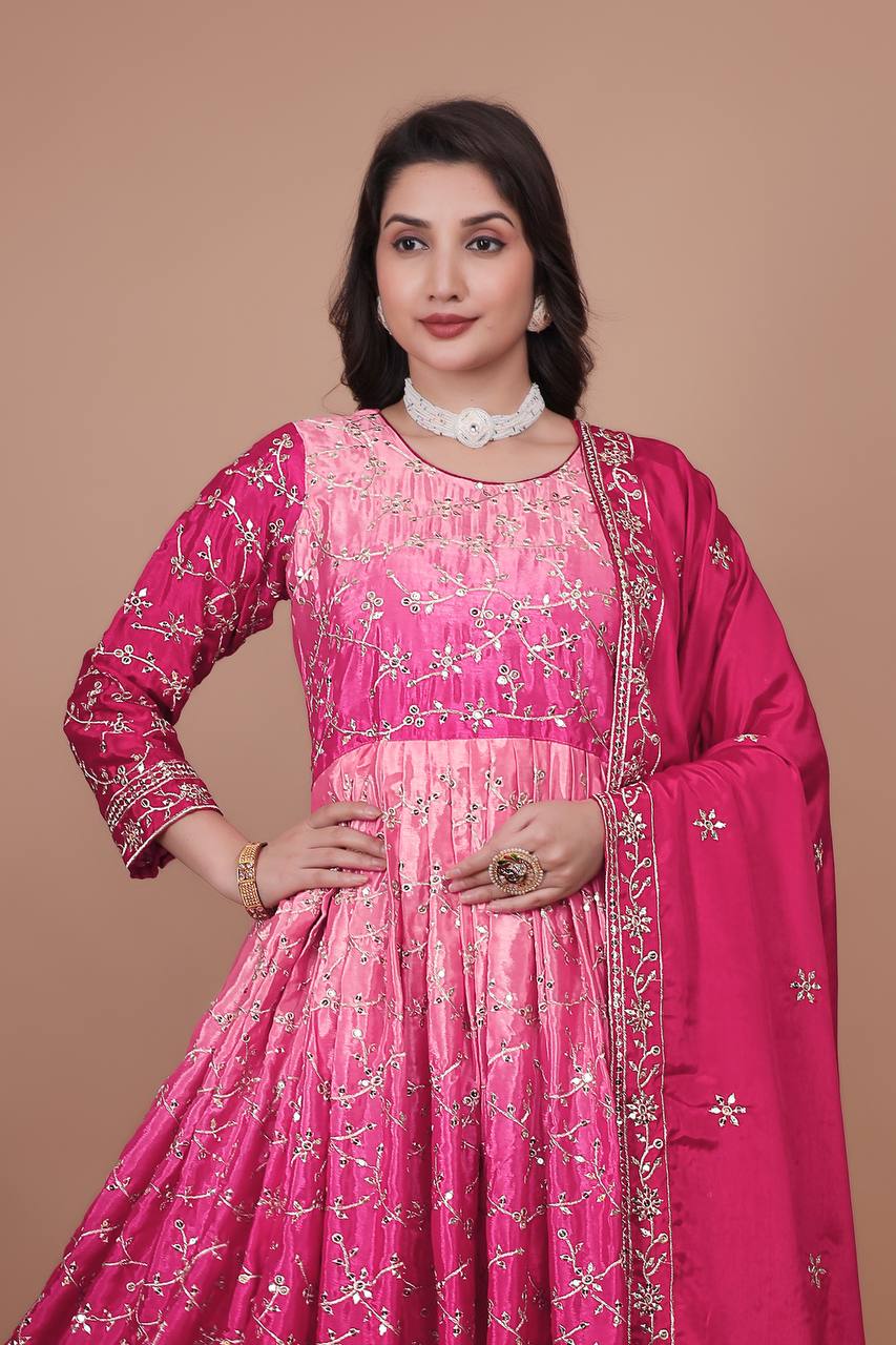 Prazu Fashion Pink Chinon Silk Embroidered Anarkali Suit