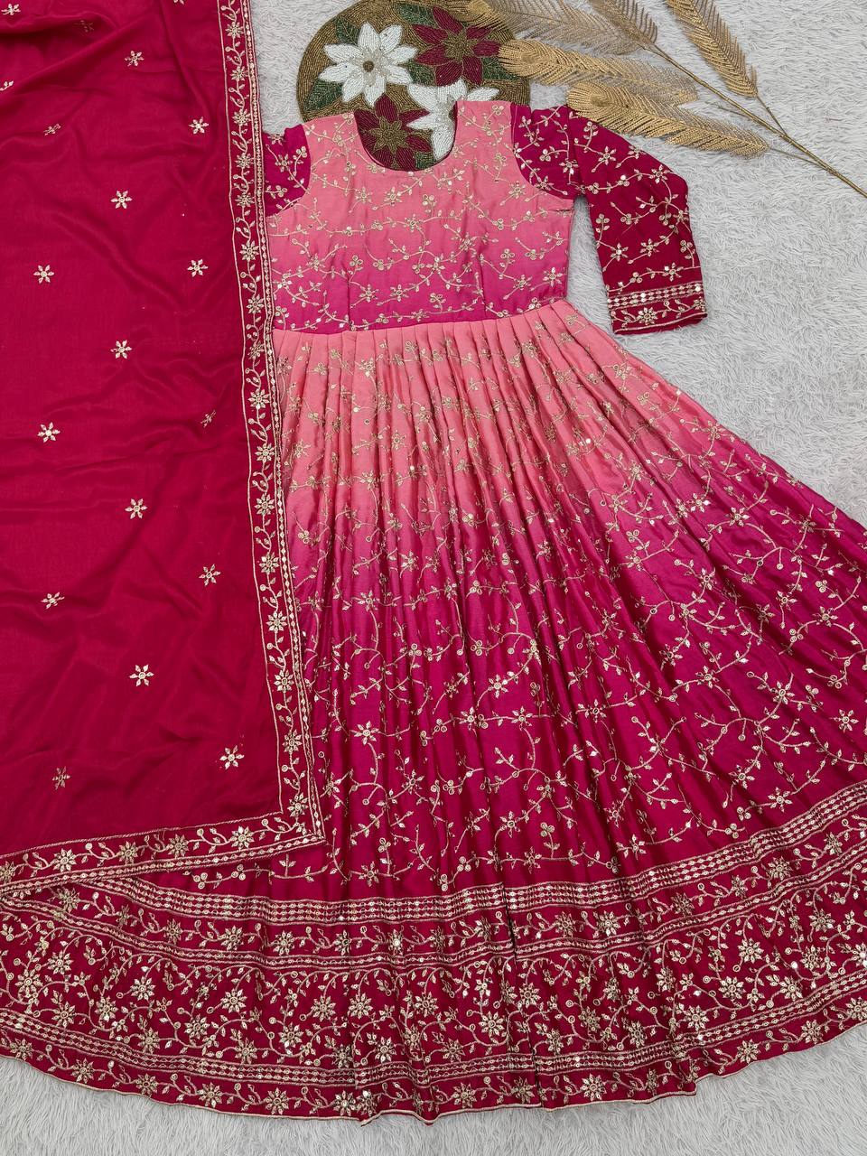 Prazu Fashion Pink Chinon Silk Embroidered Anarkali Suit