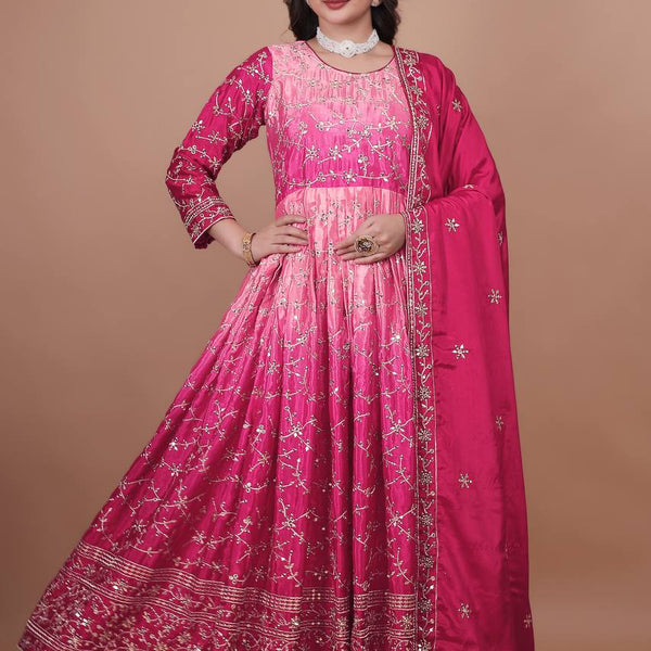 Prazu Fashion Pink Chinon Silk Embroidered Anarkali Suit