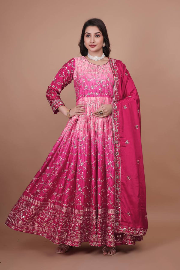 Prazu Fashion Pink Chinon Silk Embroidered Anarkali Suit