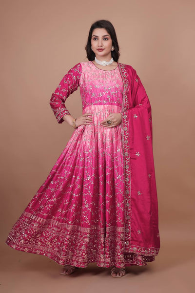 Prazu Fashion Pink Chinon Silk Embroidered Anarkali Suit