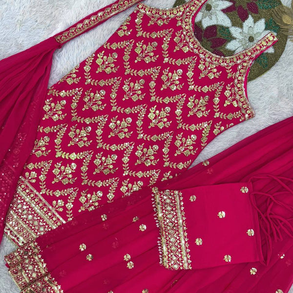 Prazu Fashion Pink Georgette Embroidered Sequin Palazzo Suit