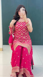 Thumbnail for Prazu Fashion Pink Georgette Embroidered Sequin Palazzo Suit