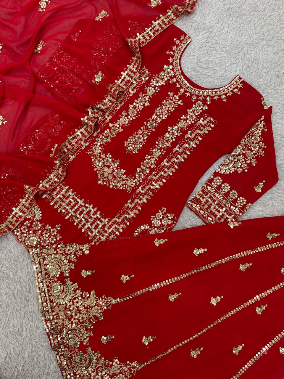 Prazu Fashion Red Georgette Embroidered Sequin Palazzo Suit